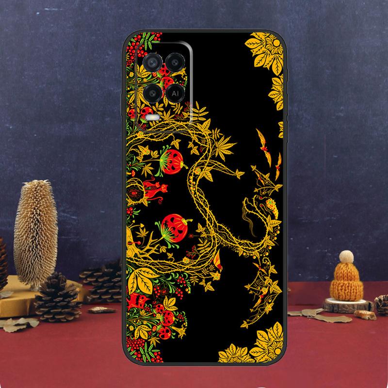 Khokhloma Russian Pattern Flower Case For OPPO A54 A74 A94 A98 A78 A79 A16 A76 A96 A5 A9 A17 A77 A15 A52 A72 A53 A57S Cover