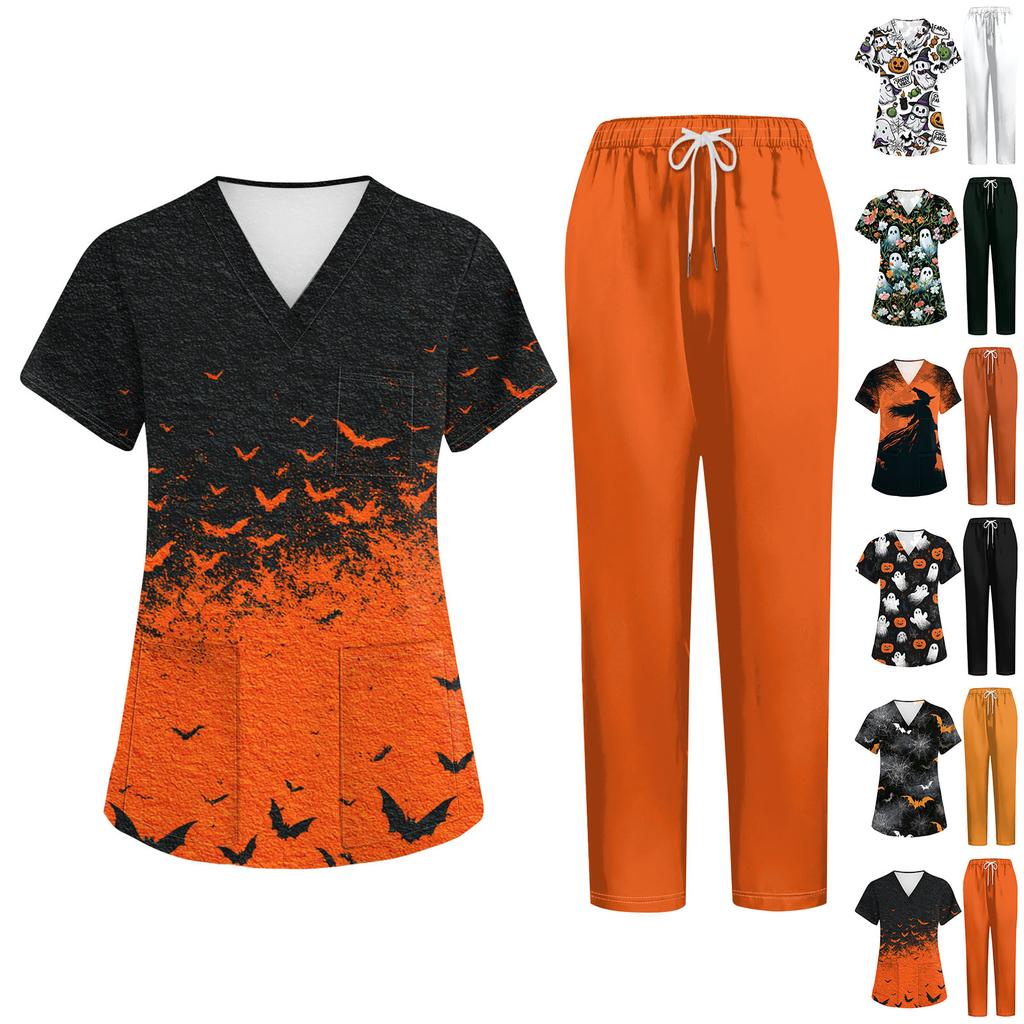 Women's Uniform Set with Halloween Print, Short Sleeve Top and Pants with Pockets, 2-Piece