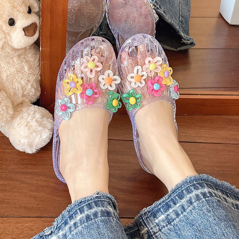 Scarpe Casual da Donna di Tendenza Scarpe Traforate Pantofole Sandali a Punta Quadrata Infradito Piatte Trasparenti