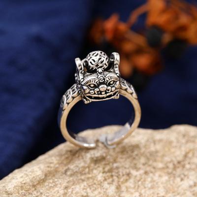 1Pcs Chinese retro style diamond-shaped hollow ring, peacock cloud motif, simple opening ring