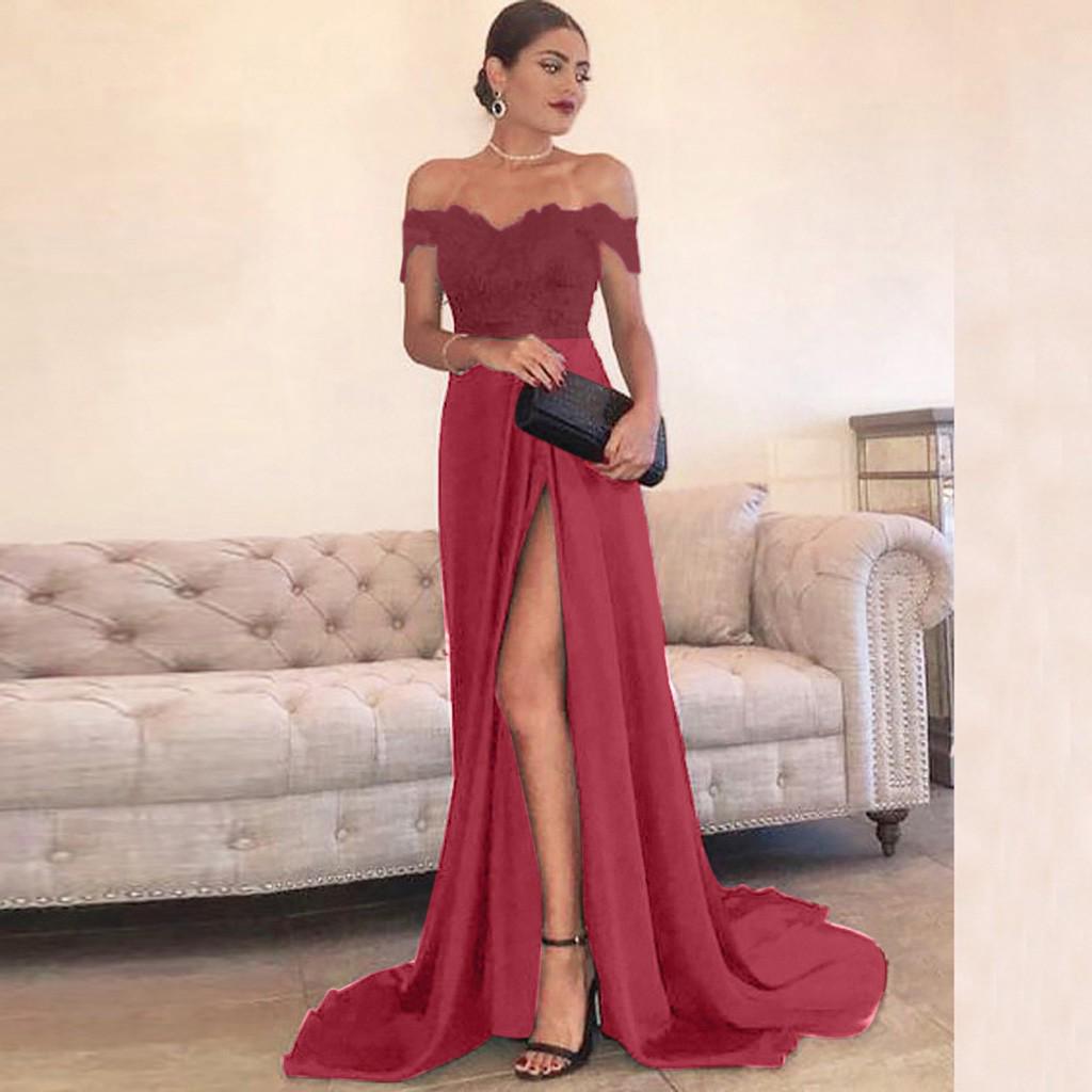 Women's Sexy Solid Color Short Sleeve Slash-Neck Slit Up The Side Full Dress