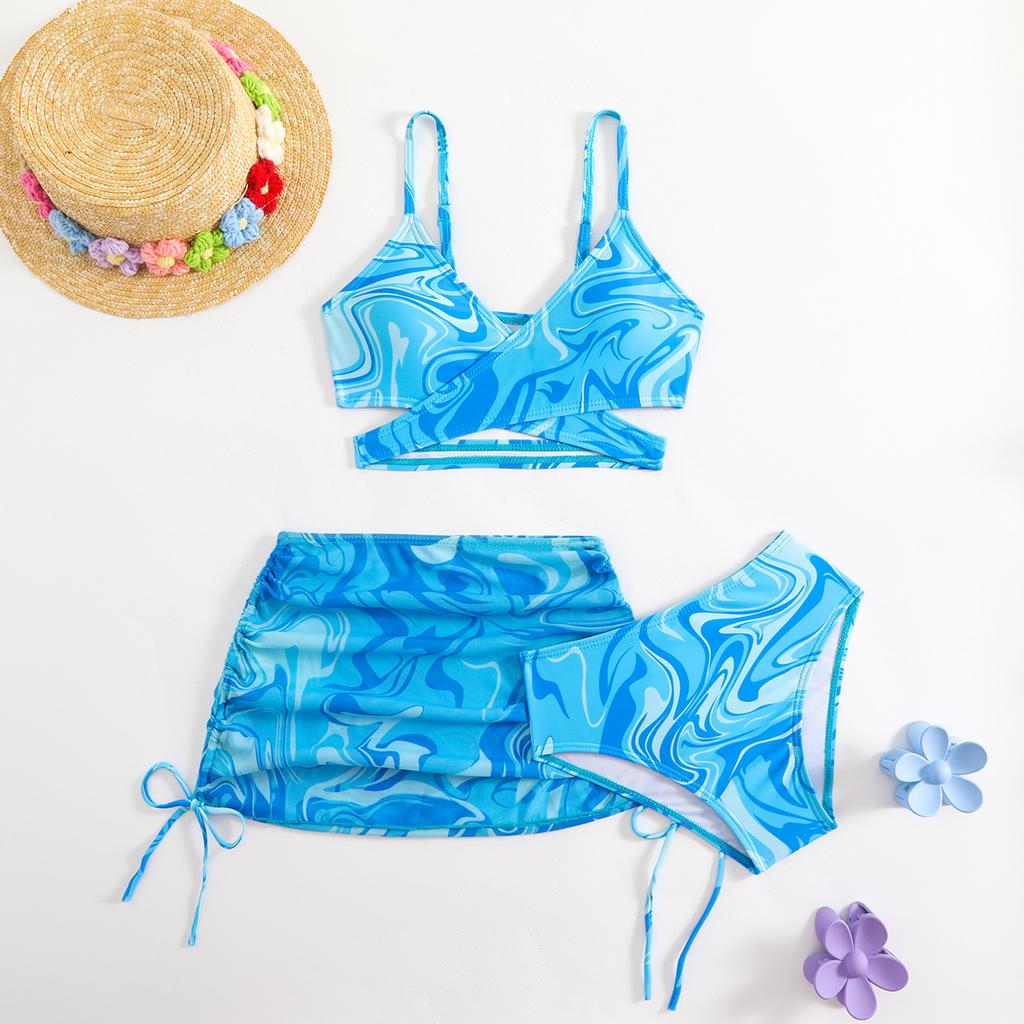Costum de baie pentru copii costum de baie pentru femei cu fustă separată imprimeu tie-dye pentru copii de vârstă mijlocie și mai mari fete bikini costum de baie pentru copii set de trei piese