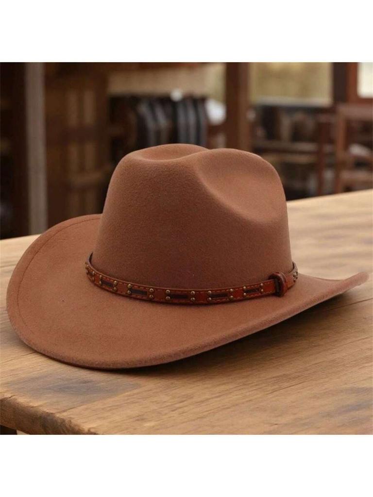 Retro Wool Felt Cowgirl Hat With Leather Belt Wide Brim Western Cap For Wedding Party