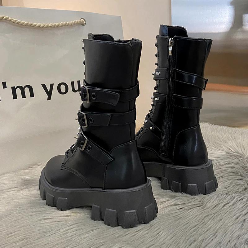 WOMEN ANKLE BOOTS Goth Boots Woman Winter 2026 Platform Shoes Sneakers Studded Belt Buckle Punk  Chunky Heels Mid Calf Boots