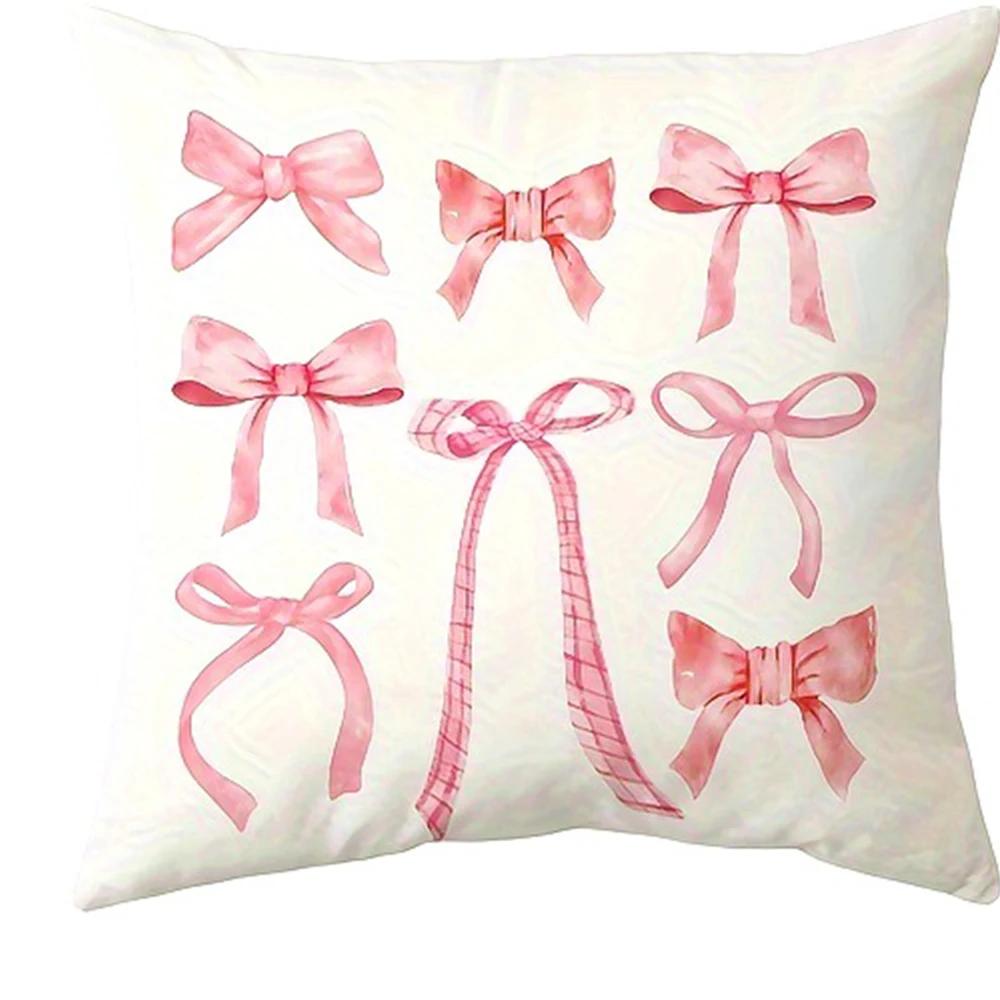 Pink Bow Cherry Pattern Printed Pillowcase, Soft and Comfortable, Sofa Cushion Cover, Suitable for All Kinds of Rooms and Places