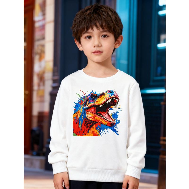 European Sizes Kids' Stylish Round-Neck Pullover, Long-Sleeve Top, Featuring a Cool T-Rex Print, Suitable for Casual Wear And Outdoor Activities