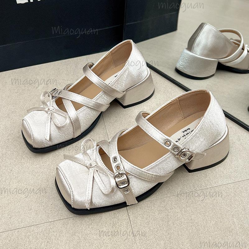 Fashion Mid Heel Belt Buckle Bow Square Toe Women's Lolita Shoes Chunky Heels Women Mary Jane Shoes Size 35-40 Elegant Zapatos De Mujer