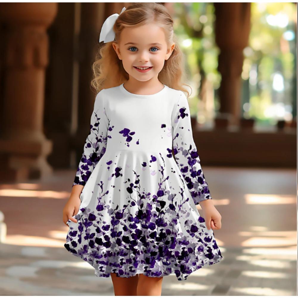 Girl Casual 3D Flower Print Round Neck Long Sleeve Dress Kid Princess Dress 80 фиолетовый