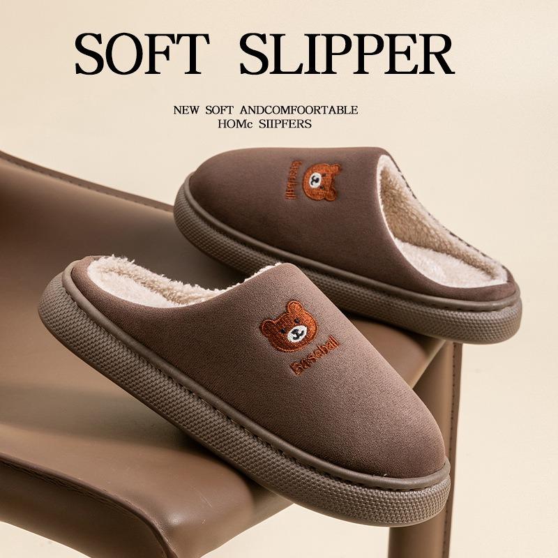 Autumn and Winter Cotton Slippers Women's Indoor Home Silent Non-slip Velvet Warm Slippers Couple Cartoon Bear Cotton Drag Men