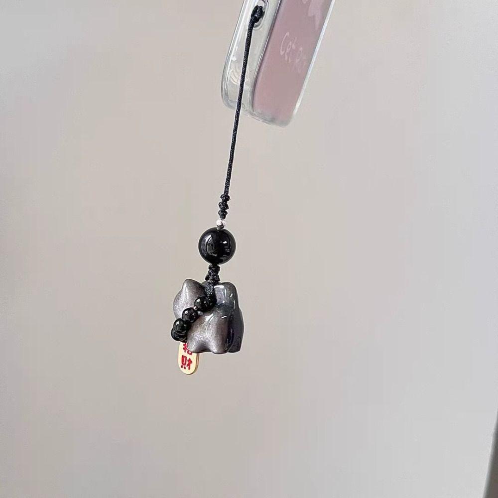 Bag Charms Lucky Cat Keychain Silver Obsidian Cat Car Key Ring Braid Rope Pendant  Couple