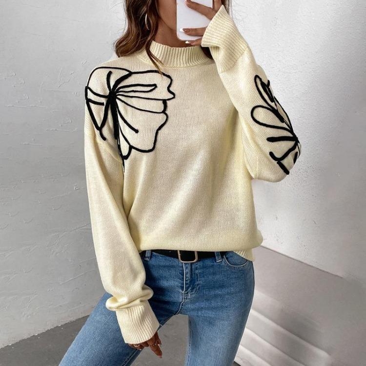 Autumn Women Loose Crochet Flower Knitted Pullover Long Sleeve O Neck Sweater Top