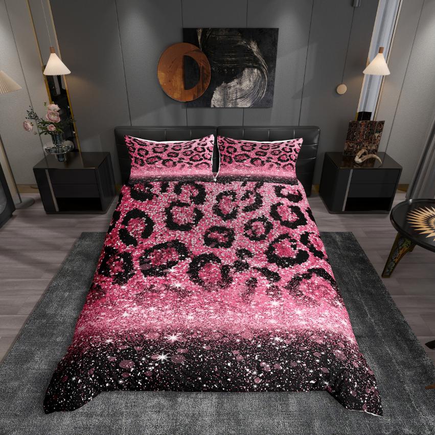 Comforter Homewish Pink Leopard Pattern Modern Cheetah Print Comforter Setsequin Print Bed Set For Girl Teens Comforter (quilt)-EU Single(135*200cm)3pcs