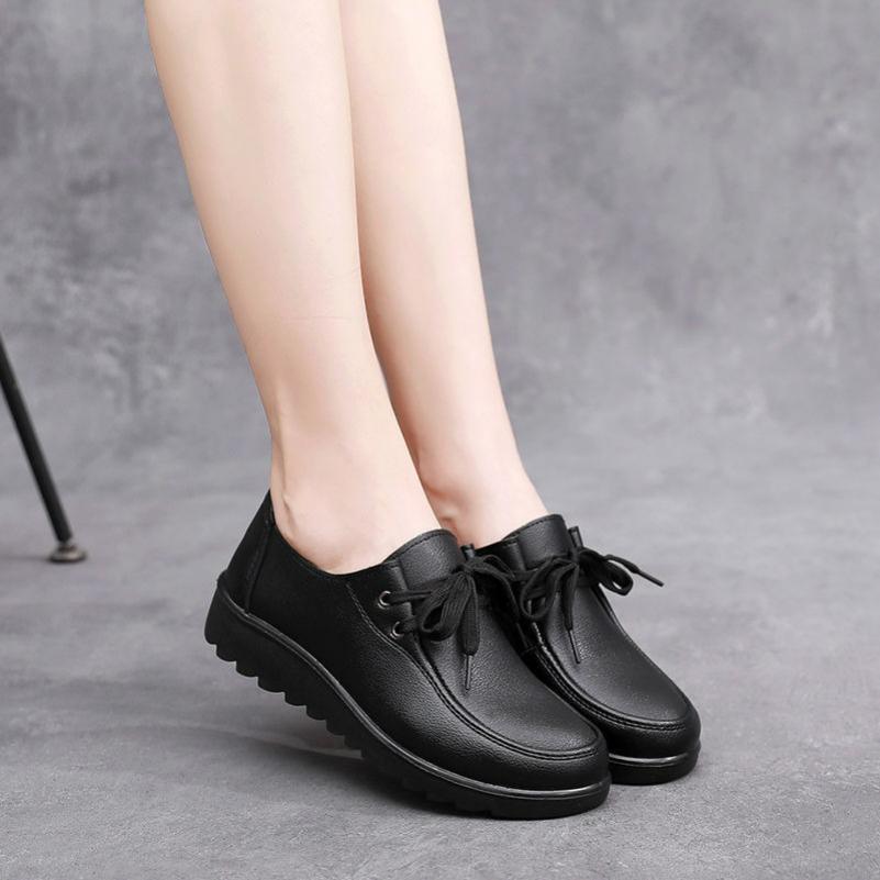 Retro Lace-up Women's Shoes, Comfortable Flat-bottomed Single Shoes, Casual Soft Leather Work Shoes, Autumn and Winter Peas Shoes