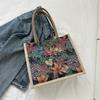 1Pc Large Capacity Linen Flower Printing Handbag Women Fashion Commuter Shoulder Bags Tote Bag