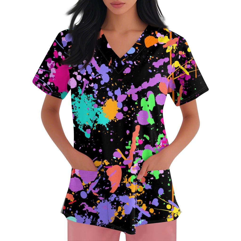 Damen V-Ausschnitt Cartoon-Print Kurzarm Tasche Seitenschlitz Schutzkleidung Oberteil