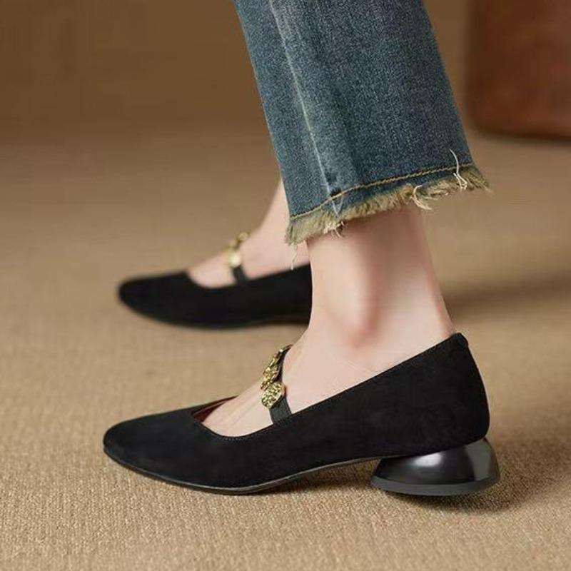 

2026 Ретро Квадратный Носок Золотая Монетная Цепь Туфли Женские Удобные Универсальные Толстый Низкий Каблук Однотонная Обувь Весенний Сезон 35 чёрный