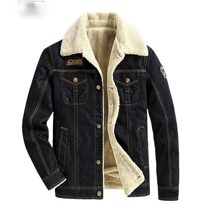 

Мужская молодежная осенне-зимняя джинсовая куртка с плюшевой подкладкой, повседневная джинсовая куртка свободного большого размера, толстое хлопковое пальто с несколькими карманами S чёрный