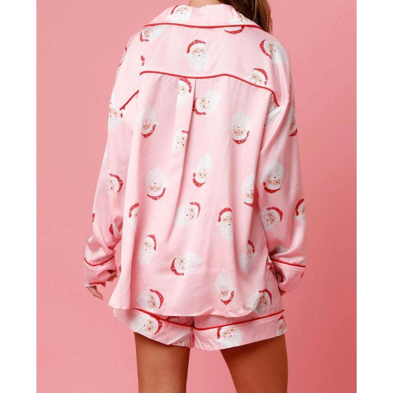 Damski świąteczny satynowy drukowany dwuczęściowy zestaw homewear / piżamy