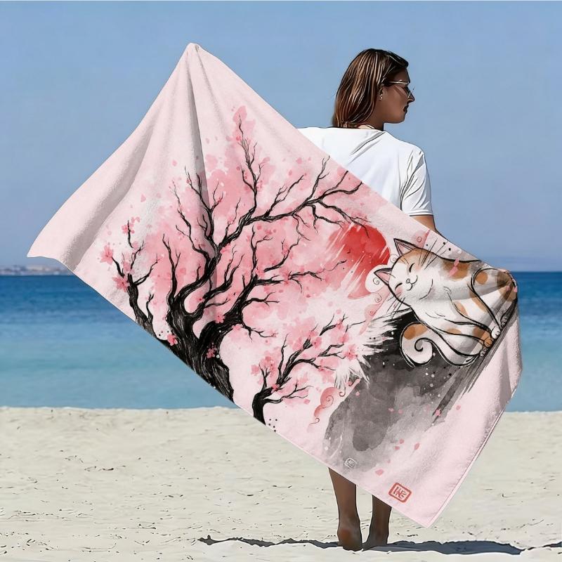 

1pc, Japanese-style Kawaii Cat with Cherry Blossoms and Mount Fuji Extra-Large Soft Beach Towel, Pink Cherry Blossom and Cute W40*H60(CM)