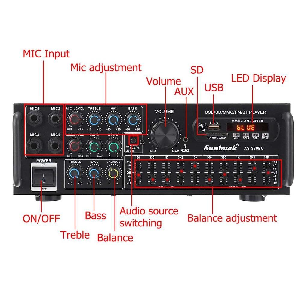 3000W Bluetooth Stereo Amplifier 326BT, Surround Sound, USB SD, FM Amplifier, DVD, AUX, LCD Display, Home Cinema, Karaoke