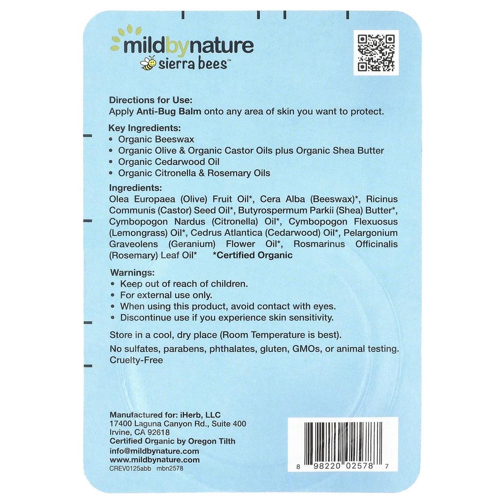 Mild By Nature Sierra Bees™, Anti-Bug Balm, Cedar, Geranium & Rosemary Oils, 0.6 Oz (17 G)