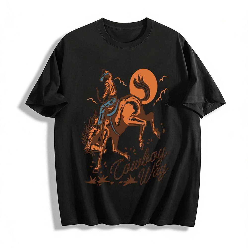 

Vintage Cowboy Riding Horse Print Casual Short Sleeve Top Pure cotton T-shirt XXS