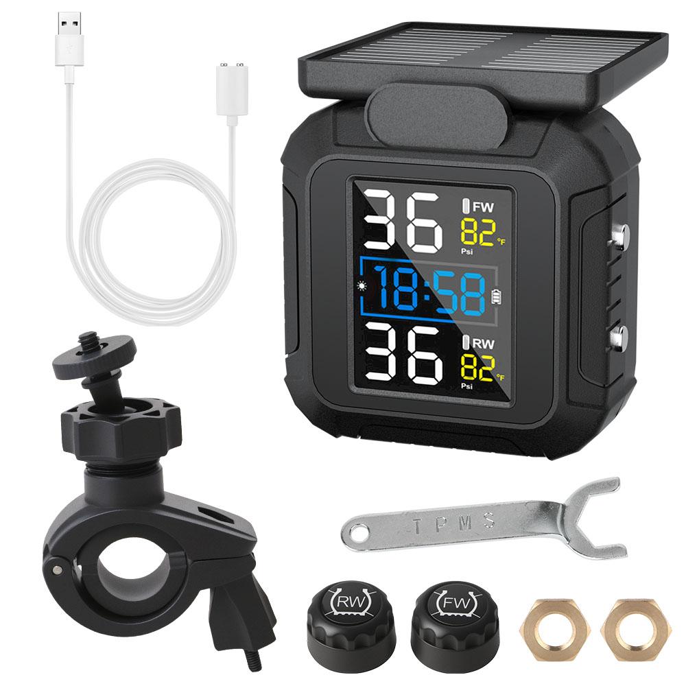 Motocyklový TPMS Moto Systémy alarmu pneumatik Solární energie Reálný čas Se 2 externími senzory Systém monitorování tlaku v pneumatikách Teplotní alarm