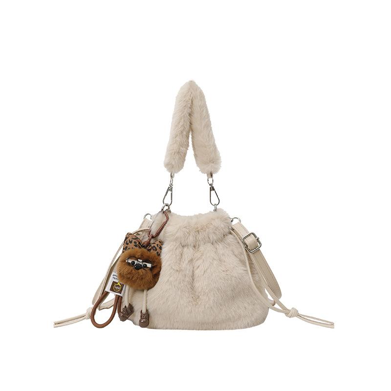 Faux Fur Tote Bag Soft Fluffy Shoulder Bag With Cute Pendant Plush Drawstring Crossbody Bag Women Winter Casual Commuter Handbag