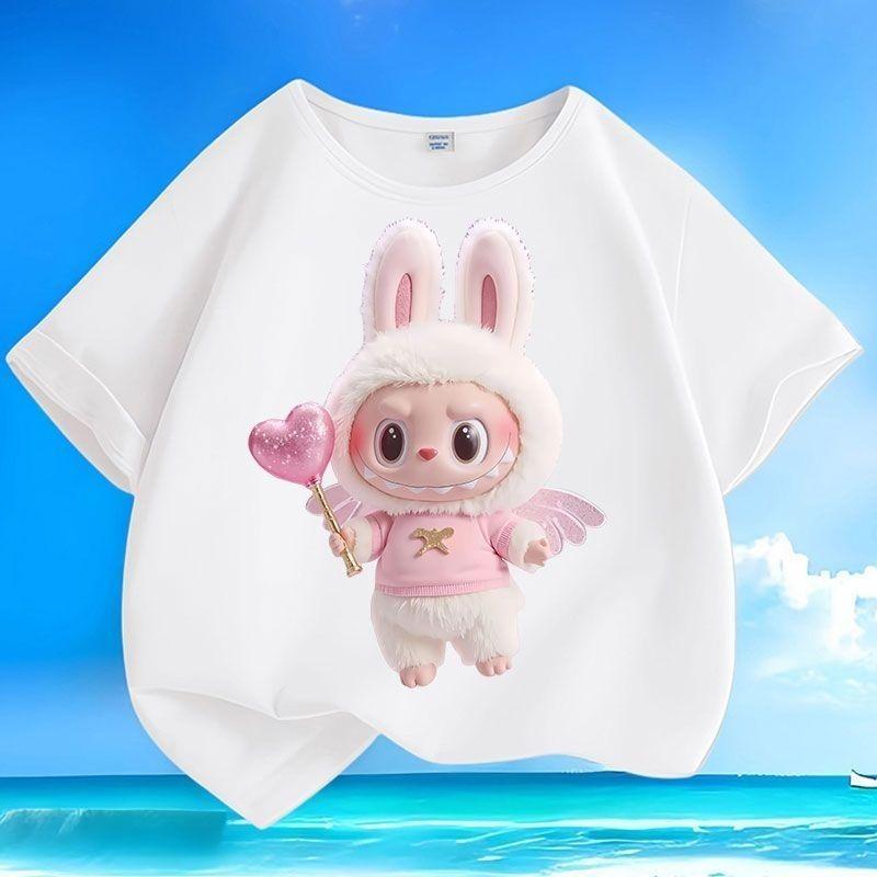 

Дитячі футболки з чистої бавовни Labubu, літні топи з коротким рукавом для хлопчиків та дівчаток 150 білий