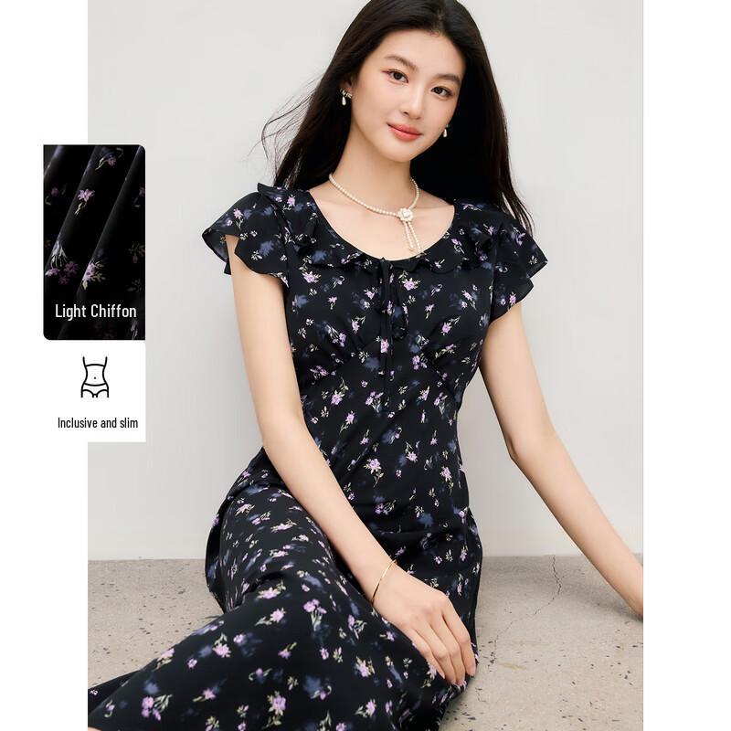 Retro Floral Ruffle A-Line Dress S