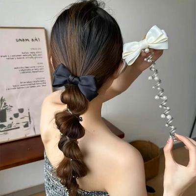 Elegant Faux Pearl Bowknot Hair Tie, Large Spiral Elastic Ponytail Holder, Fashionable Bubble Braided Hair Accessory for Women