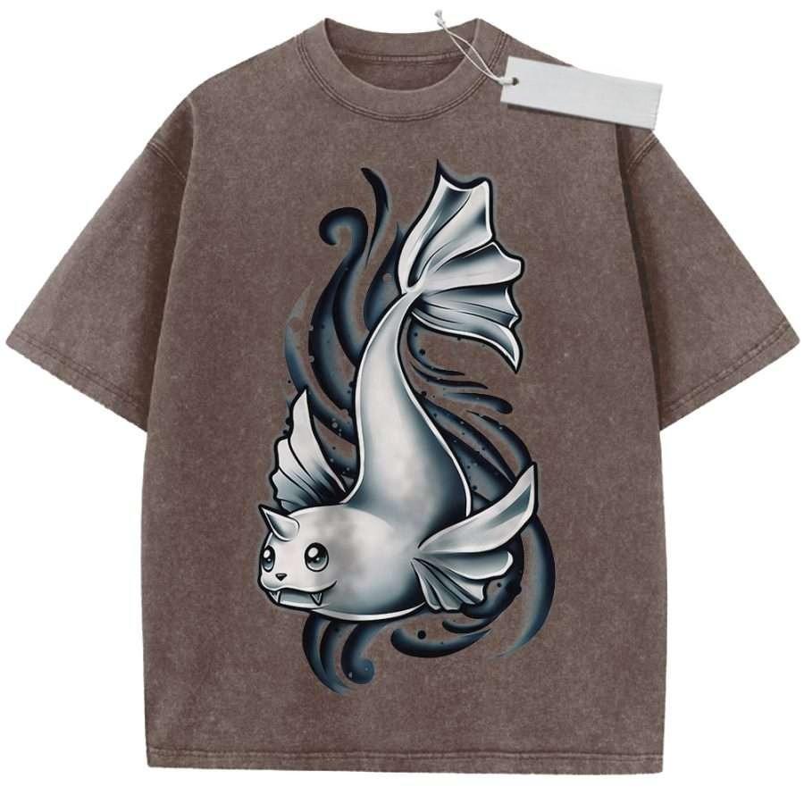 

Unisex Washed Black Vintage T Shirt Catfish High Quality Fabric for Home Leisure Travel Shopping M