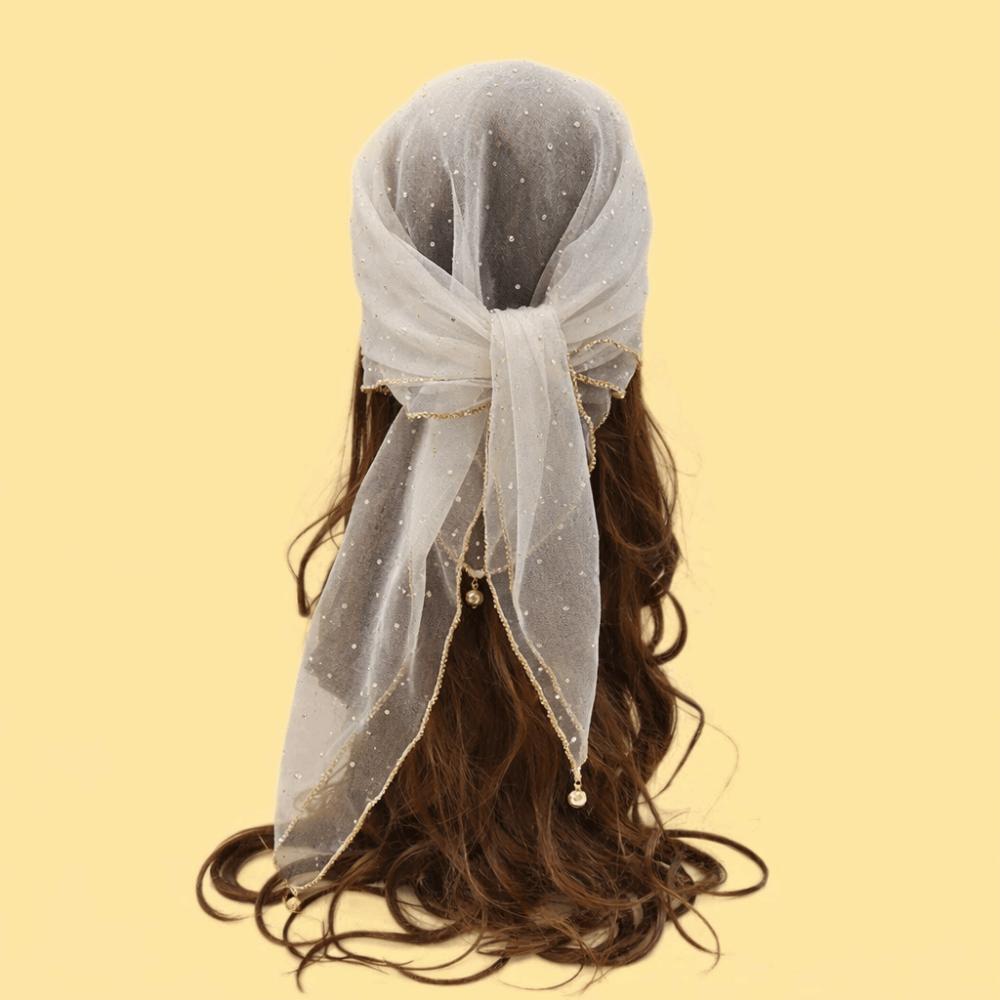 Pearl Tassel Rhinestone Square Scarf Hair Wrap Solid Color Full Sky Star Headwrap Lace Trim Breathable Fabric