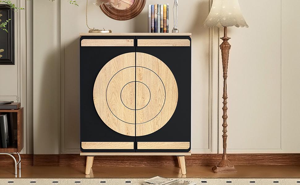 Moderne Schoenenkast met Ronde, Geometrische Deuren, Meerdere Opbergniveaus, Stevige Houten Poten.