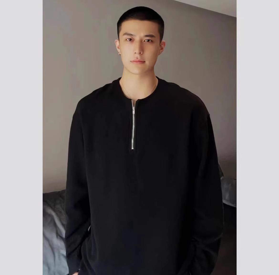 

Мужская серая вафельная повседневная футболка на молнии до середины груди - Свободный высококачественный базовый слой для весны/осени 2XL чёрный