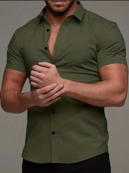 European And American Men'S Short-Sleeved Shirt 3D Digital Printing Casual Versatile Solid Color Muscle Men'S Lapel Shirt