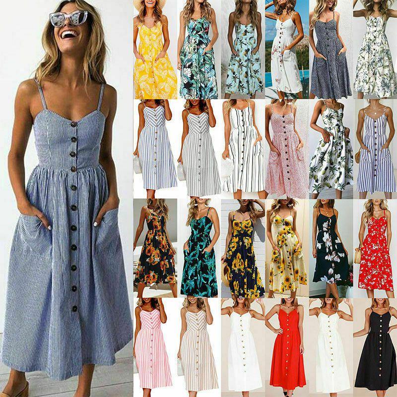 Stylish Boho Women's Summer Beach Midi Dress With Strappy Design And Button Pockets