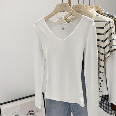 Women's V-Neck Long-Sleeve White T-Shirt, Spring 2024 Slim Fit Base Layer Top