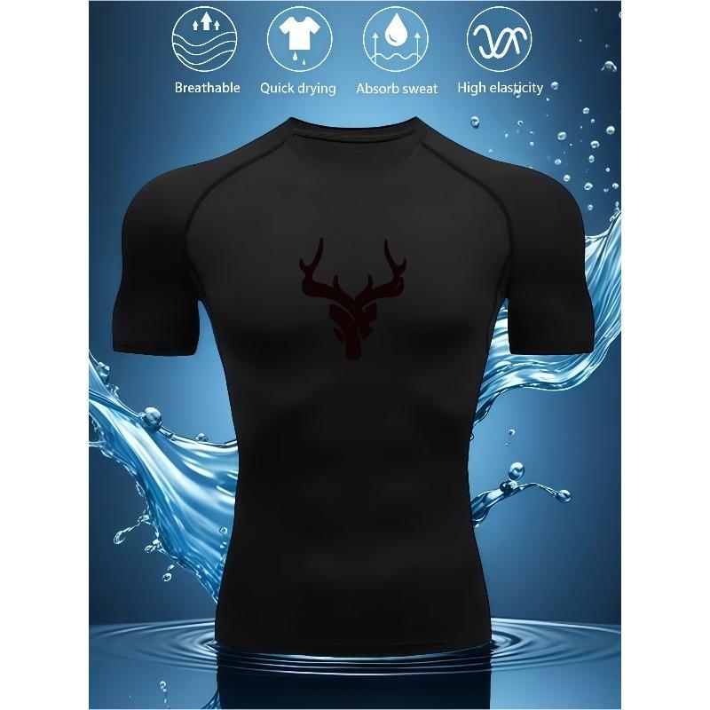 Mens Compression Short Sleeve T-Shirt Black Antler Silhouette Graphic Breathable Quick Dry High Elasticity Gym And Running Athletic Top