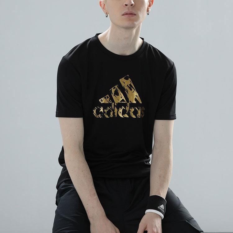 Adidas Retro Potisk Loga Písmen Sportovní Běžecké Tričko s Krátkým Rukávem a Kulatým Výstřihem Unisex Topy Černá Zlatá ADITSG2P-BG