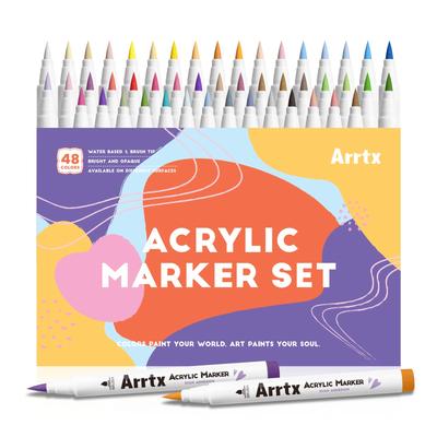 Arrtx Acrylic Marker Basic Series 48 Colors with Brush Tips - Acrylic Paint Pens for Rock Painting, Glass, Stone, Wood, Ceramic, Fabric, DIY Craft & A