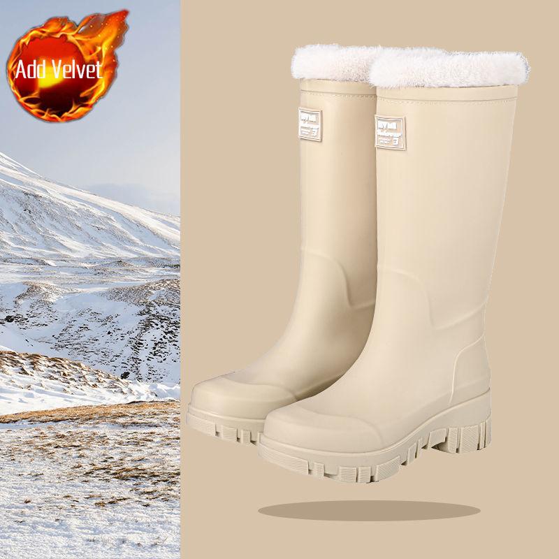 Damen wasserdichte Anti-Rutsch-Gummiregenstiefel mit hohem Bund und flauschigem Futter, langlebige Küchengaloschen für den Hausgebrauch