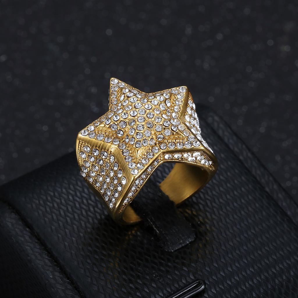 New Hip-Hop Trendy Fashion Light Luxury Ring Personality Domineering Titanium Steel Inlaid Diamond Five-Pointed Star Ring