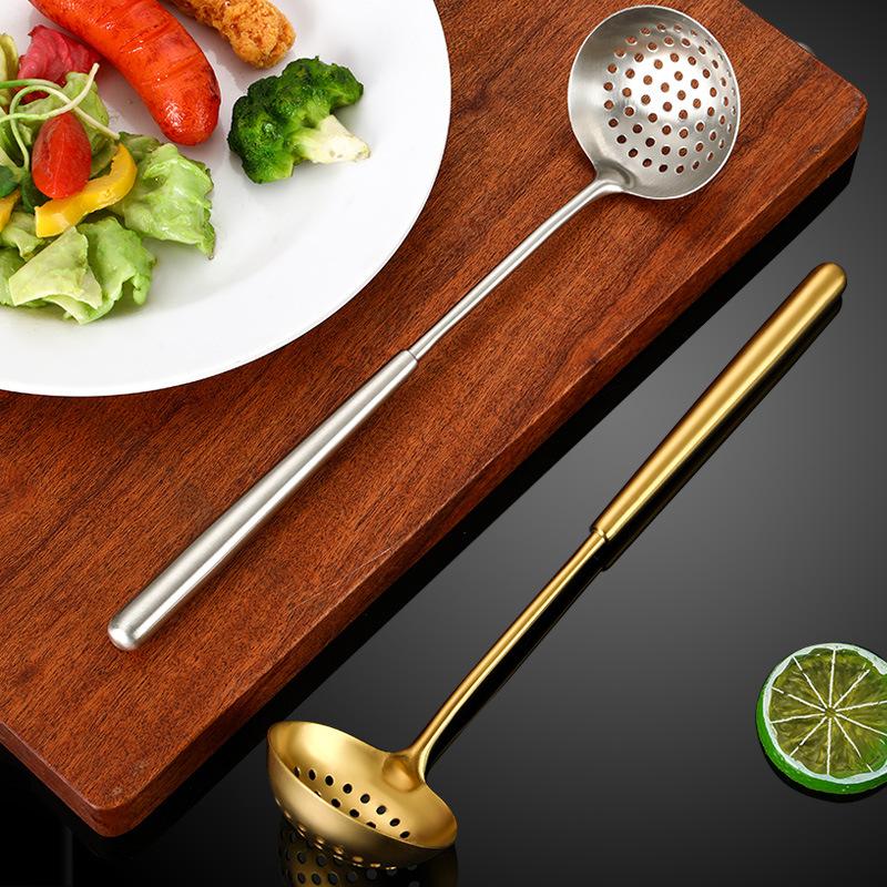 Golden 304 Stainless Steel Colander Spoon for Kitchen Long Handle Ladle Anti-scalding Restaurant Food Oil Fitlter Household