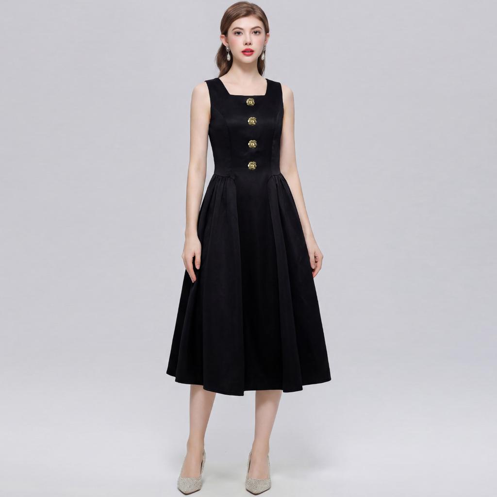 Elegant Sleeveless Satin Dress for Women Luxurious Solid Color Flower Buttons Summer Autumn Formal Evening Party Vestidos