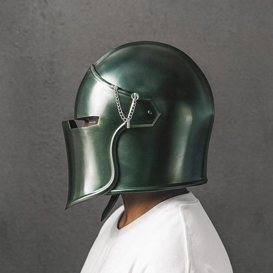 Casque de Chevalier Médiéval Barbuta Vert Acier 18g Armure LARP Cosplay Guerrier à Visière Casque Costume d'Halloween Cadeau