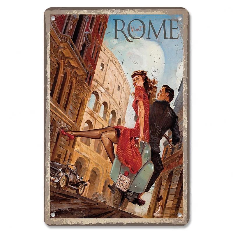 Metal Tin Signs Travel City Girls Posters Plaque Monaco Rome Biarritz Venice Metal Poster Vintage Wall Art Bar Club