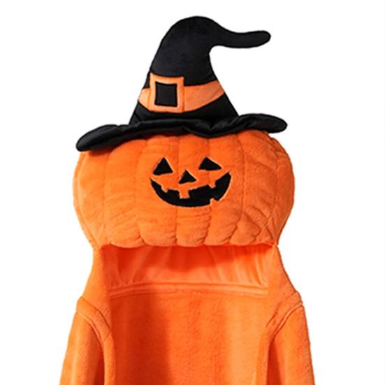 Halloween Brukbar Hettegenserteppe for Voksne Myk Flanell Hettekappe med Lomme Gresskar Svart Katt Cosplay Kostyme for Halloween-fester