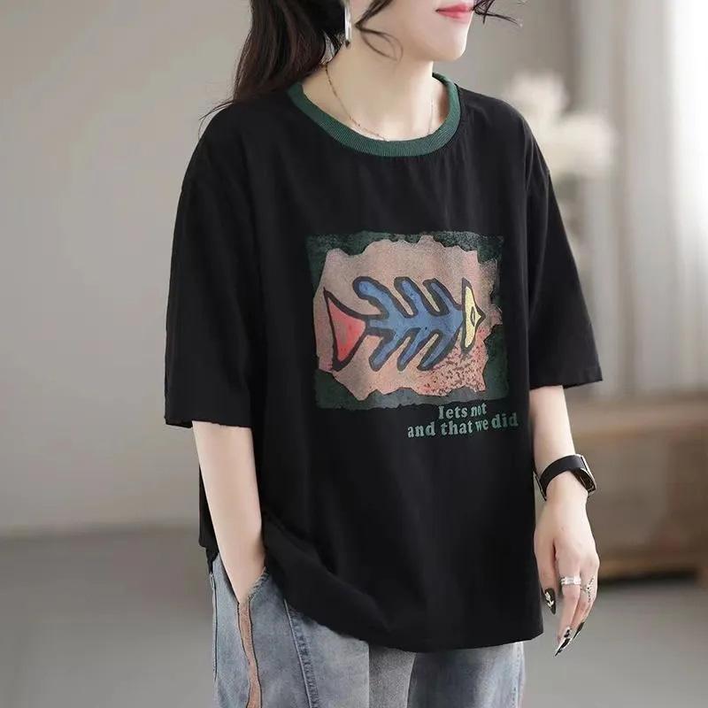 Plus Size Kurzarm-T-Shirt aus Baumwolle für Damen, lockeres, lässiges Rundhals-Sweatshirt