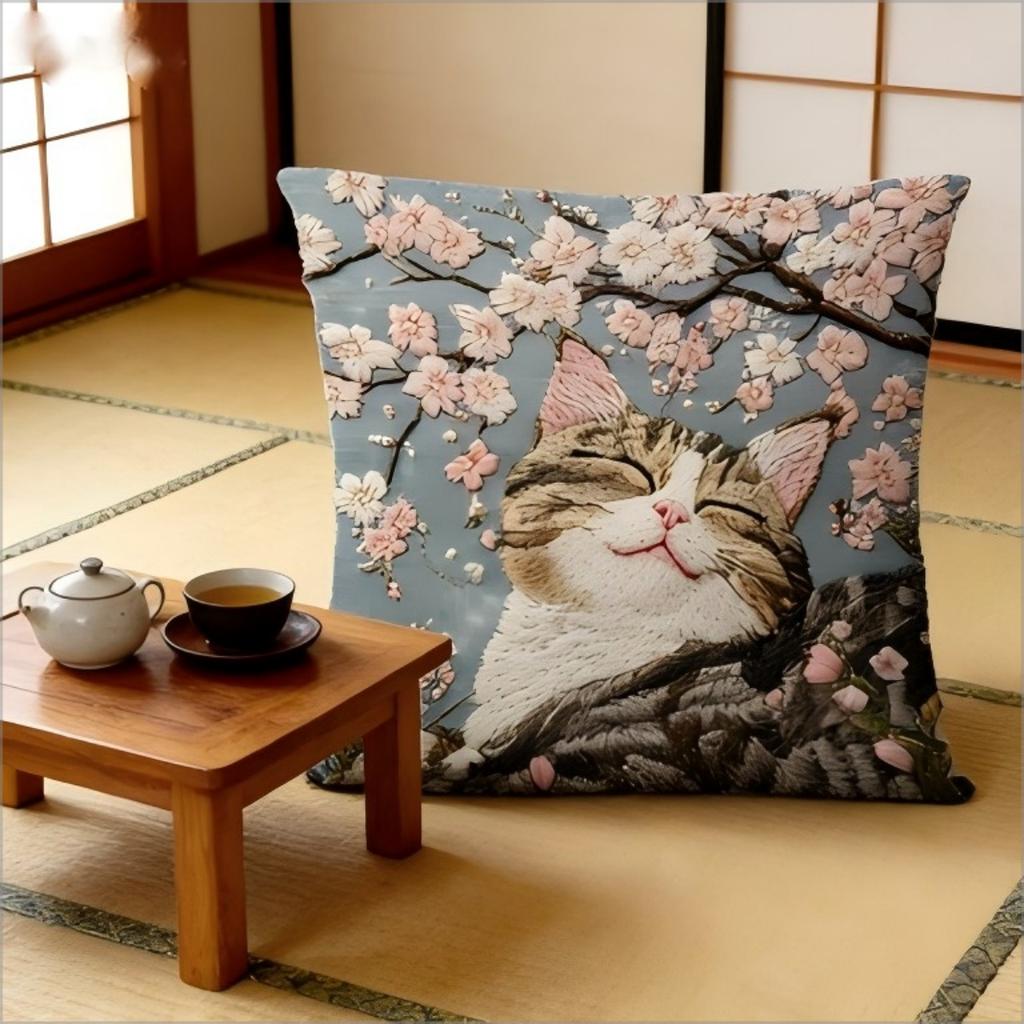 Cherry Blossom Cat Pillow Cover 2D Faux Embroidery Print Japanese Sakura Floral Cushion Case For Sofa Bed Couch Home Decor